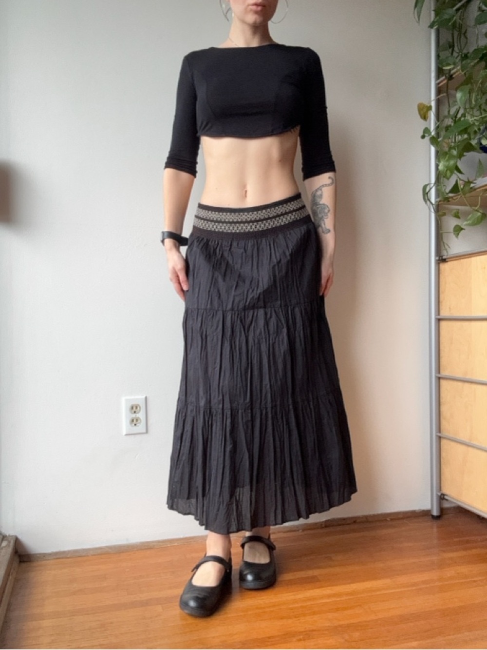 Della Spiga Black Tiered Cotton Bohemian Maxi Skirt - size XL